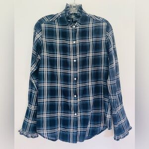 Nili Lotan Vivían Ruffle Neck Long Sleeved Blue Plaid Button Down, Size XS